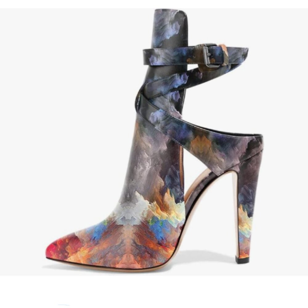 FSJ Graffiti Pointed Toe Chunky High Heel Strappy Dress Bootie Ankle Wrap Sandal